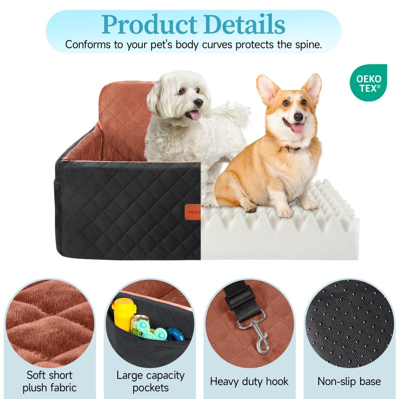 HEGGCOOE Dog Car Seat for Medium/Large Dogs, Pet Booster Seat for Under 55 lbs or 2 Small Dogs, Detachable & Washable Dog Car Bed for Backseat with 2 Safety Leashes(Black/Brown) - Image 4