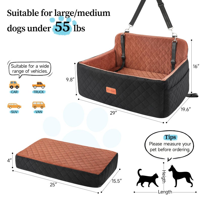 HEGGCOOE Dog Car Seat for Medium/Large Dogs, Pet Booster Seat for Under 55 lbs or 2 Small Dogs, Detachable & Washable Dog Car Bed for Backseat with 2 Safety Leashes(Black/Brown) - Image 3