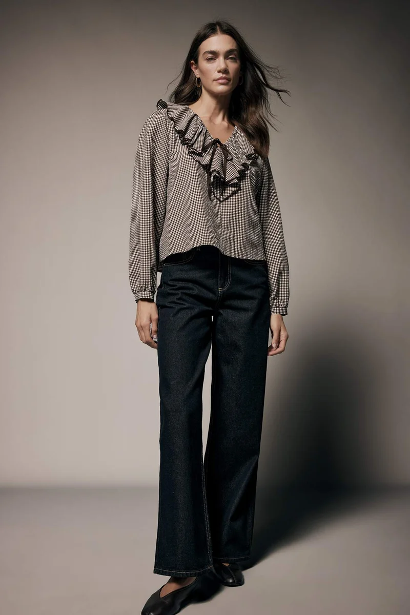 DeFacto Regular Fit V-Neck Plaid Long Sleeve Blouse