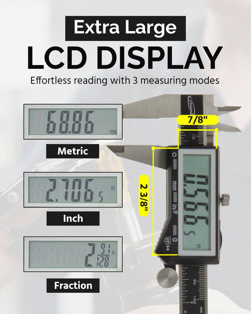 iGaging IP54 Electronic Digital Caliper 0-6" Display Inch/Metric/Fractions Stainless Steel Body - Image 4