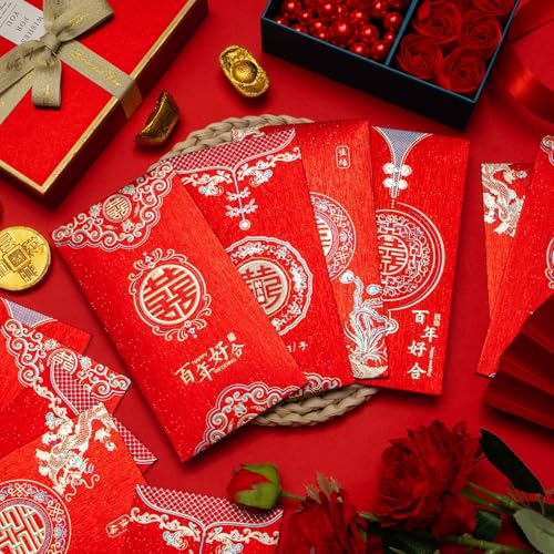 GDZRDFLH 8 pcs Chinese Red Envelopes Wedding Large Red Pocket Packet Cute HongBao Paper Lucky Money Envelope for Wedding Newlyweds Bride Groo - Image 3