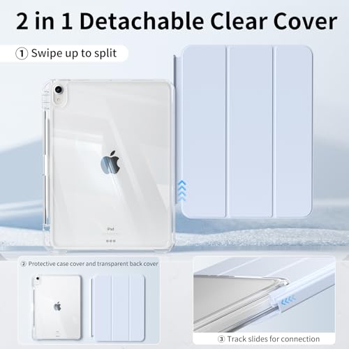 KenKe Case for iPad 11-Inch A16 11th Generation & iPad 10.9" 10th Generation (2025/2022) with Pencil Holder, Detachable 2 in 1 Sliding Removable Cover with Clear Hard Back, Auto Wake/Sleep, Sky Blue - Image 4