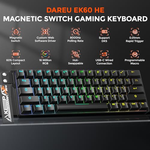 DAREU EK60 HE Rapid Trigger Gaming Keyboard Wired, 0.01mm RT Accuracy Adjustable, Hall Effect Magnetic Switch Hot Swappable, SOCD, 8000Hz Polling, RGB Backlit, 60% Compact Design for Laptop/PC - Image 2