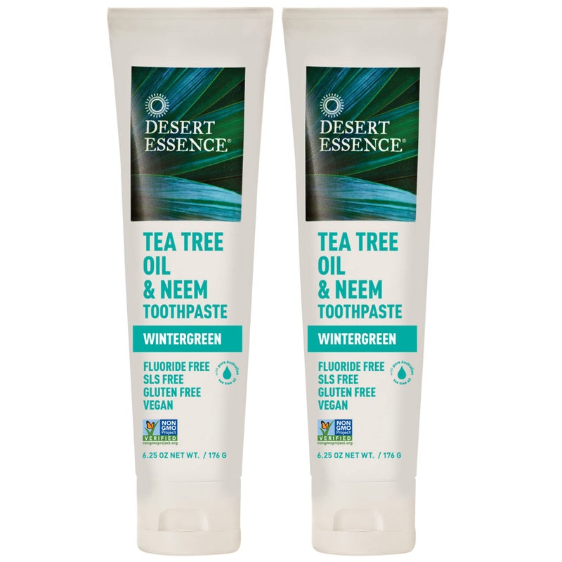 Desert Essence Tea Tree Oil & Neem Toothpaste - 6.25 Oz - Pack of 2 - Refreshing Rich Taste - Baking Soda & Essential Oil of Wintergreen - Antiseptic - Natural Ingredients - Fluoride & Gluten Free. - Image 1