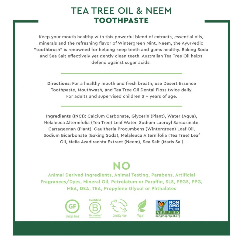 Desert Essence Tea Tree Oil & Neem Toothpaste - 6.25 Oz - Pack of 2 - Refreshing Rich Taste - Baking Soda & Essential Oil of Wintergreen - Antiseptic - Natural Ingredients - Fluoride & Gluten Free. - Image 5