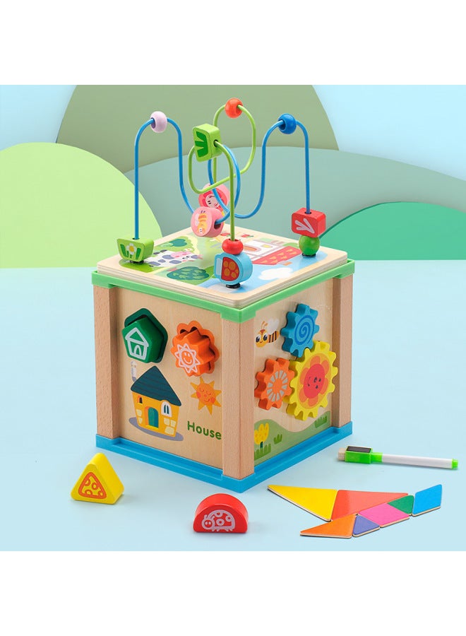 Children's Wooden Toys Multi-functional Shape Matching Set Column Around Beads Intelligence Box Early Education Educational Toys-Color:Intelligence Box Around Beads - Image 1