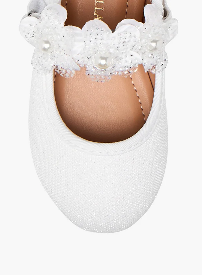 Flora Bella By Shoexpress Girls Floral Applique Ballerina Shoes with Hook and Loop Closure