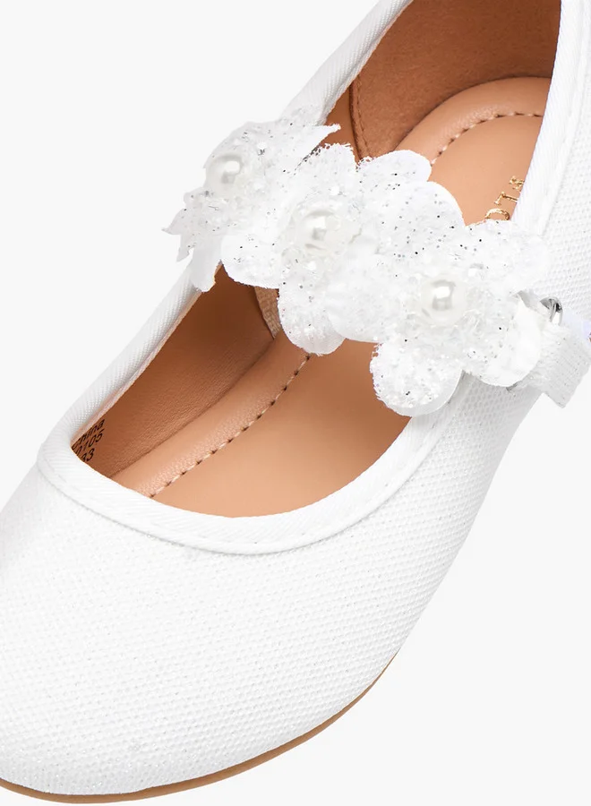 Flora Bella By Shoexpress Girls Floral Applique Ballerina Shoes with Hook and Loop Closure