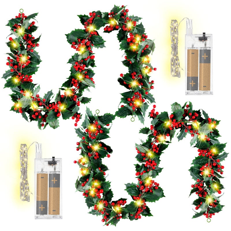 Dingion Dingion 12 ft Christmas Garland with Lights Artificial Holly Leaves and Berries Garland LED Battery Operated Garland String Lights for Indoor Mantle Home Fireplace Stair Railing Holiday Decoration