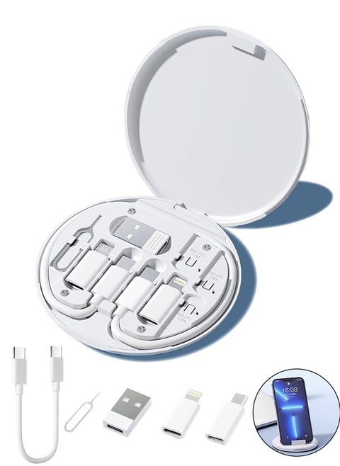 Multi-functional Portable Travel Cable Organizer with Lightning, Micro USB, TYPE-C, 5-in-1, 0.3M 60W Fast Charging, Compact Storage Box for Data Cables, Phone Holder, and SIM Card Ejector