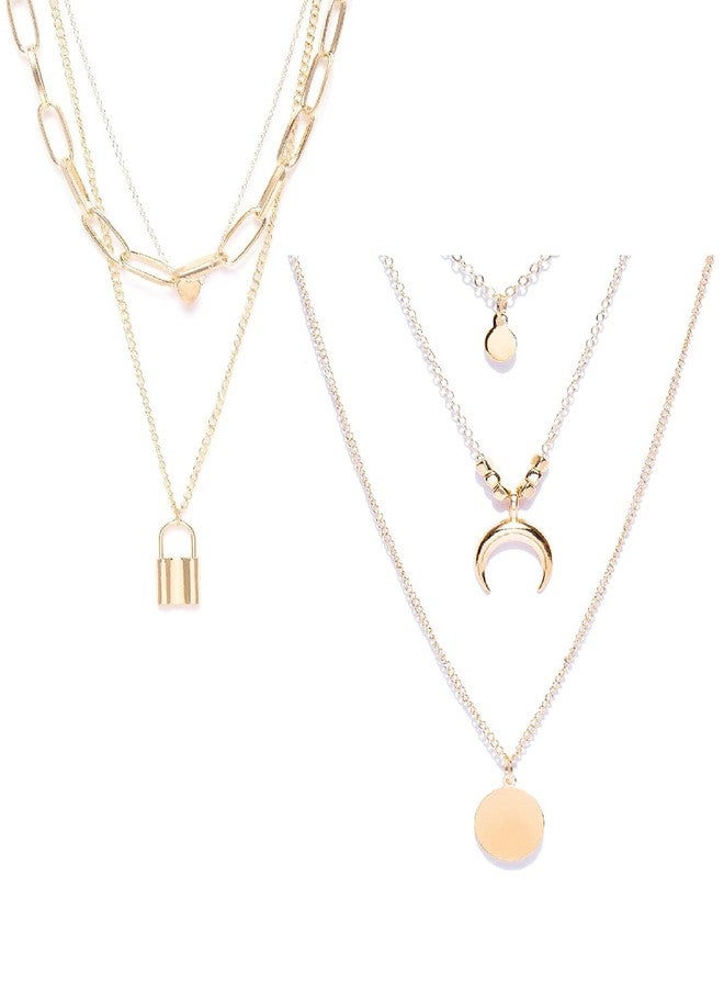 OOMPHelicious Jewellery Set of 2 Gold Tone Link Chain Lock & Horse Shoe GoodLuck Multi Layer Necklaces for Women & Girls - Image 1