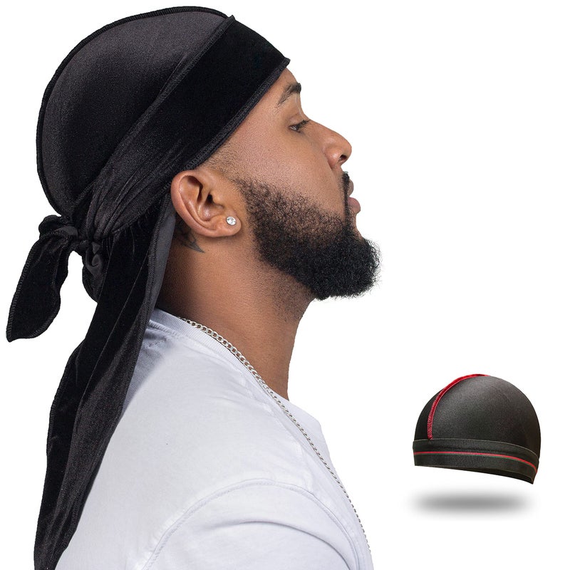ForceWave Velvet Durag for Men Wave Cap Velvet Dorag for Men Women 360 Wave (Black) - Image 1