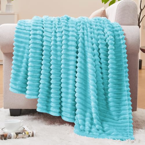 BEDELITE Fleece Throw Blanket for Couch 3D Ribbed Jacquard Soft and Warm Decorative Fuzzy Blanket Cozy Fluffy Plush Lightweight Light Blue Throw Blankets for Bed Sofa 50x60 inches - Image 1