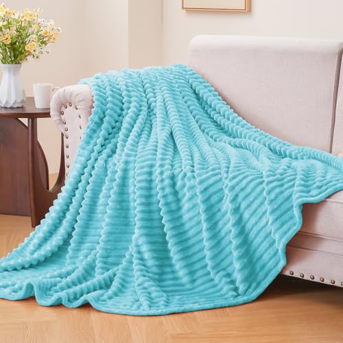BEDELITE Fleece Throw Blanket for Couch 3D Ribbed Jacquard Soft and Warm Decorative Fuzzy Blanket Cozy Fluffy Plush Lightweight Light Blue Throw Blankets for Bed Sofa 50x60 inches - Image 3