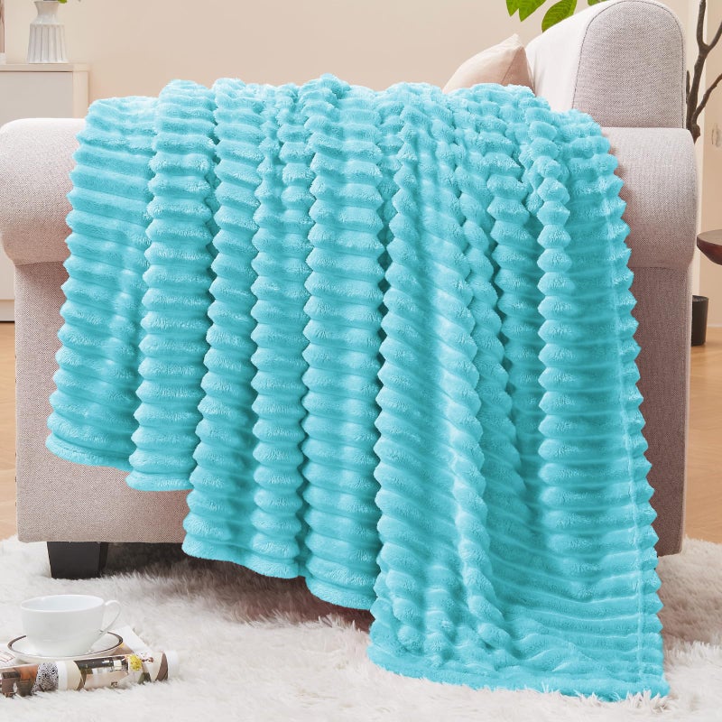 BEDELITE Fleece Throw Blanket for Couch 3D Ribbed Jacquard Soft and Warm Decorative Fuzzy Blanket Cozy Fluffy Plush Lightweight Light Blue Throw Blankets for Bed Sofa 50x60 inches - Image 2