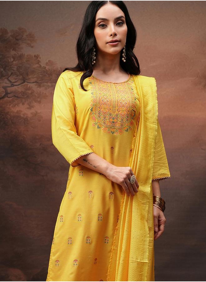 Vishudh Women Yellow Printed Kurta Set with Dupatta by Styli  - Image 1