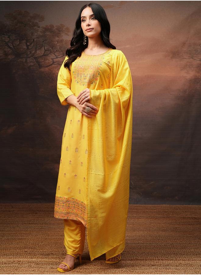 Vishudh Women Yellow Printed Kurta Set with Dupatta by Styli  - Image 4