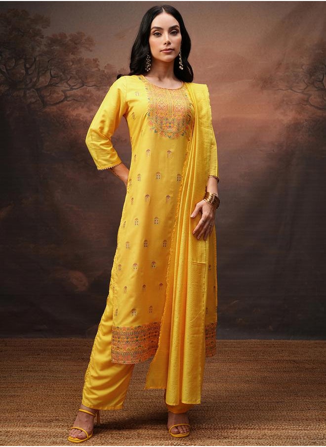 Vishudh Women Yellow Printed Kurta Set with Dupatta by Styli  - Image 2