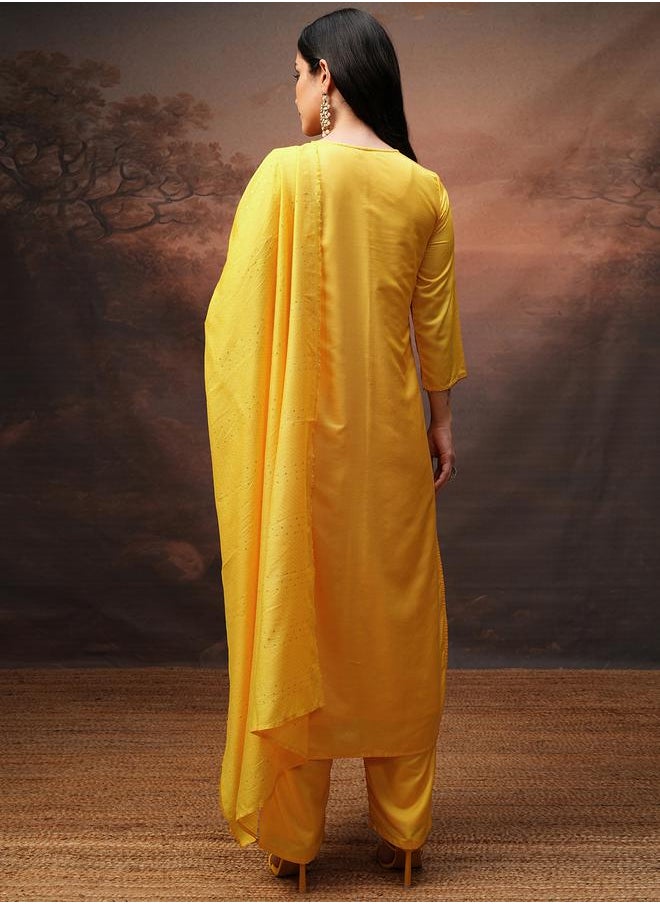 Vishudh Women Yellow Printed Kurta Set with Dupatta by Styli  - Image 3