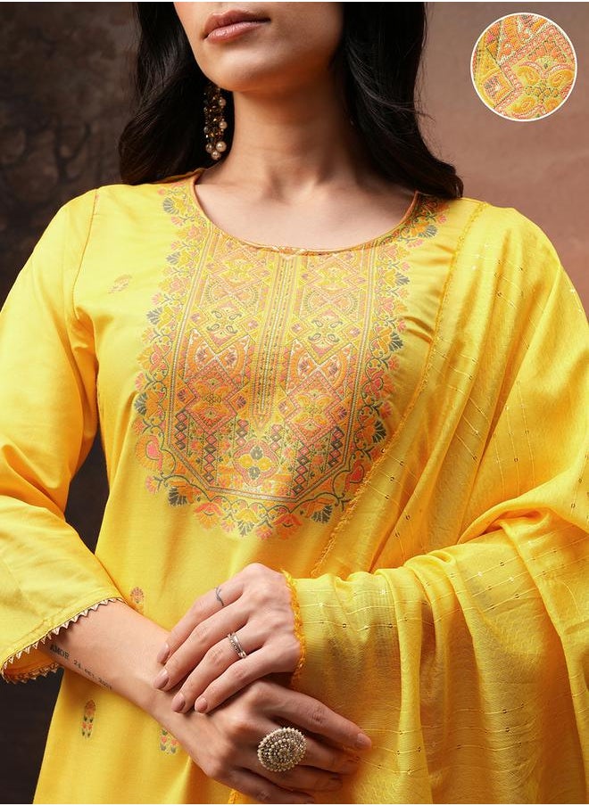 Vishudh Women Yellow Printed Kurta Set with Dupatta by Styli  - Image 5