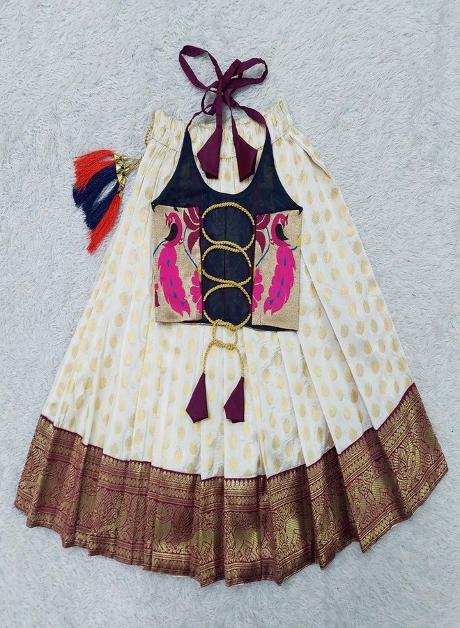 COMRATE Kids South Indian Traditional Purple Pattu Pavadai Jacquard Silk Readymade Lehenga Choli Dress For Baby Girls 6-12 Months - Image 4