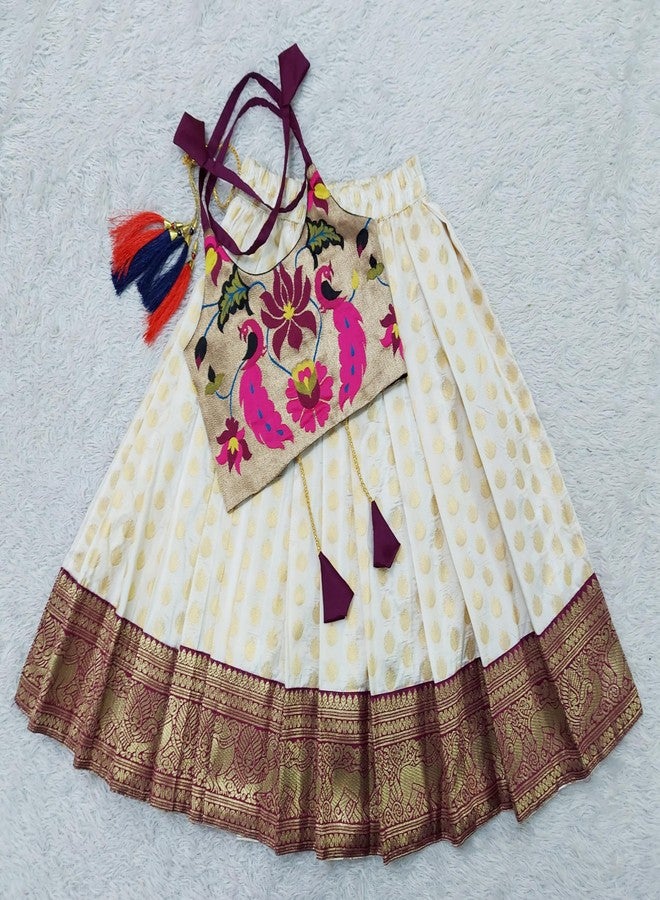 COMRATE Kids South Indian Traditional Purple Pattu Pavadai Jacquard Silk Readymade Lehenga Choli Dress For Baby Girls 6-12 Months - Image 3
