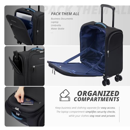 Verage 14 inch Underseat Carry On Luggage with Wheels, Black Softside Small Suitcase Spinner Wheeled Rolling Travel Laptop Bag for Airlines Airplanes Short Trip Men Women - Image 4