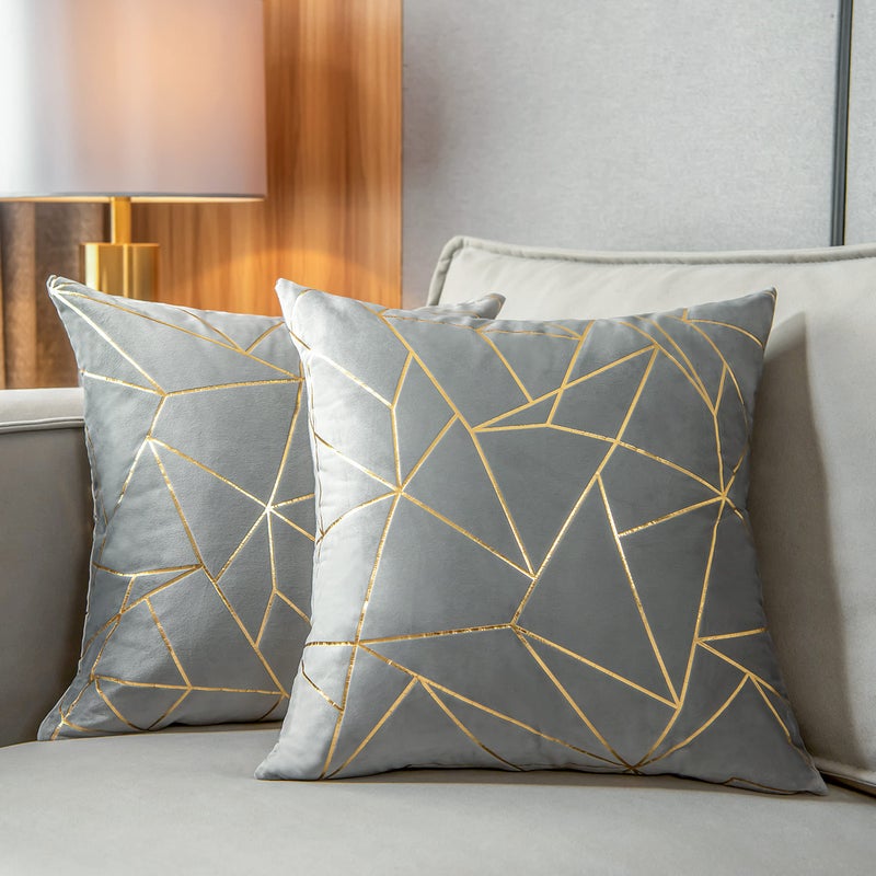 YONGLIU YONGLIU Pack of 2 Velvet Cushion Cases Decorative Gold Foil Geometric Pattern UltraSoft Square Throw Pillow Covers for Modern Homes Couch Sofa Bedroom Living Room Car Chair Grey 16X16 