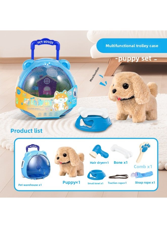 Children's Electric Plush Pet Play House Toy Simulation Small Animal Rabbit Puppy Walking A Variety Of Colors-Color:034 Multifunctional Trolley Case-retriever 8-piece Set  - Image 1