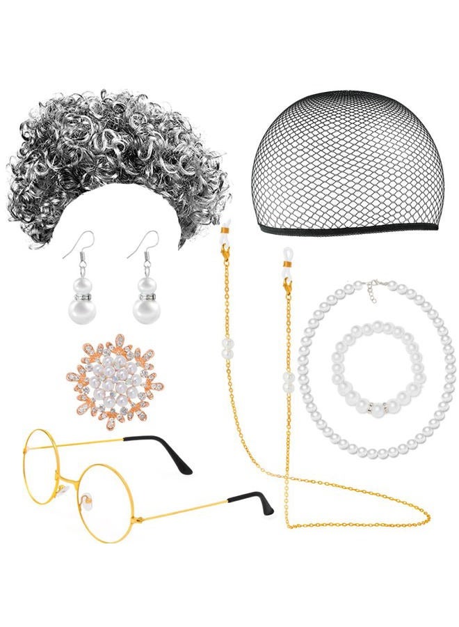Yewong Old Lady Costume Cosplay Set Granny Wig Cap Glasses Chain Cords Faux Pearl Accessory Brooch (Silver-Grey) - Image 1
