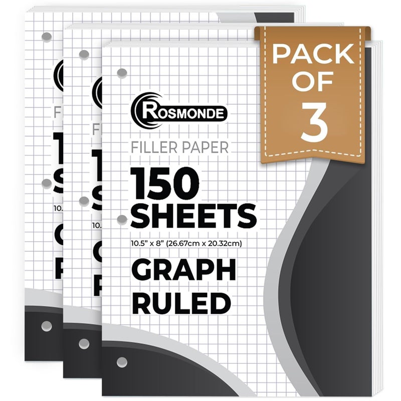 Rosmonde Graph Paper 3 Pack, 450 Sheets, 4x4 Grid Paper, 8" x 10.5", 3 Hole Punched, Notebook Paper, 54 GSM Thick Graphing Paper, Quad Ruled Graph Paper, Loose Leaf Paper, Back to School Supplies - Image 1