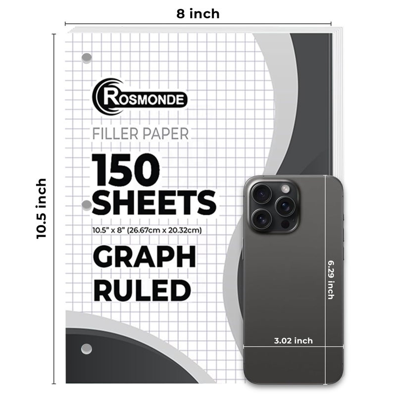 Rosmonde Graph Paper 3 Pack, 450 Sheets, 4x4 Grid Paper, 8" x 10.5", 3 Hole Punched, Notebook Paper, 54 GSM Thick Graphing Paper, Quad Ruled Graph Paper, Loose Leaf Paper, Back to School Supplies - Image 3