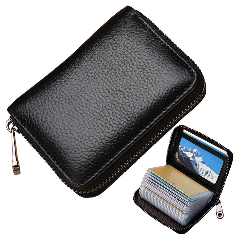 Men Women PU Leather Credit Card Holder Zipper Wallet With 20 Card Slots（Black） - Image 1
