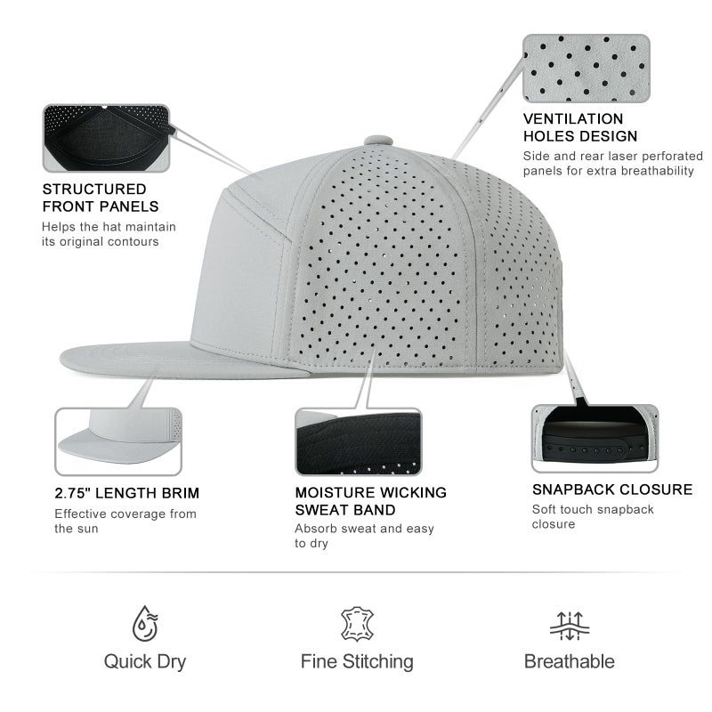 FEINION Men Flat Brim Adjustable Performance Hat Snapback Laser Perforated Baseball Cap (Grey) - Image 3