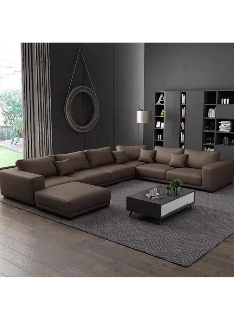 الزخارف للمفروشات طقم أريكة ريم الركنية على شكل U، 6 مقاعد مع عثماني، تنجيد جلد فاخر، هيكل خشبي متين، أثاث غرفة معيشة عصري فاخر – بني - Image 1