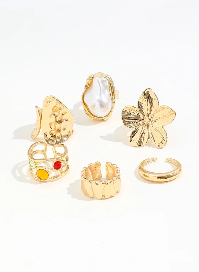 Take Two Take Two Set of 6 -  Faux Pearl Flower Decor Cuff Rings