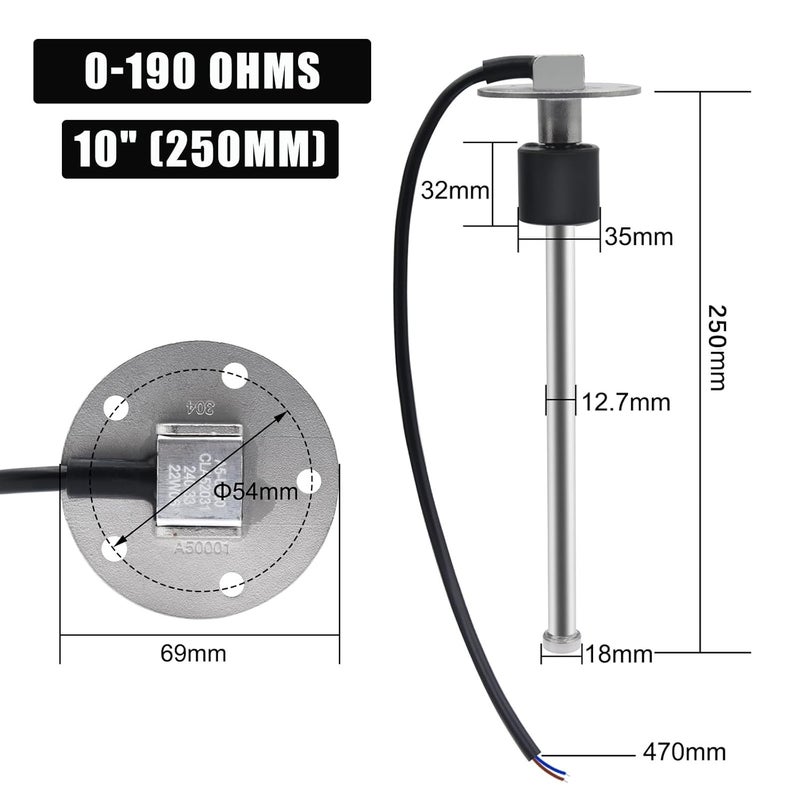 Geloo 10" 0-190ohm Marine Fuel Sending Unit Fuel Gauge Sending Unit Fuel Gas Tank Sender Water Tank Sensor Water Level Gauge Sensor (250mm) Boat Fuel Level Sending Unit for Car Truck Water Fuel Gauge - Image 4