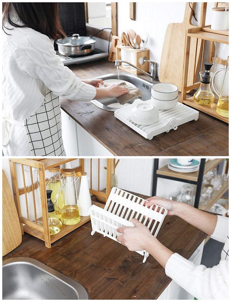 SHOPECOM 12 Slots Folding Plastic Kitchen Dish Rack Stand Plate Holder Drainer Dish Drying Rack - Image 4