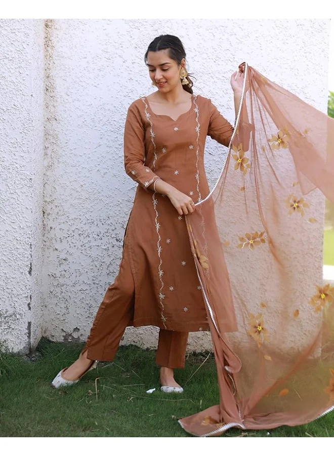 GoSriKi  GoSriKi Women's Rayon Viscose Embroidered Straight Kurta with Pant & Dupatta (KINTU COFFEE-GS_L_Brown_Large) for Women | Best Price UAE