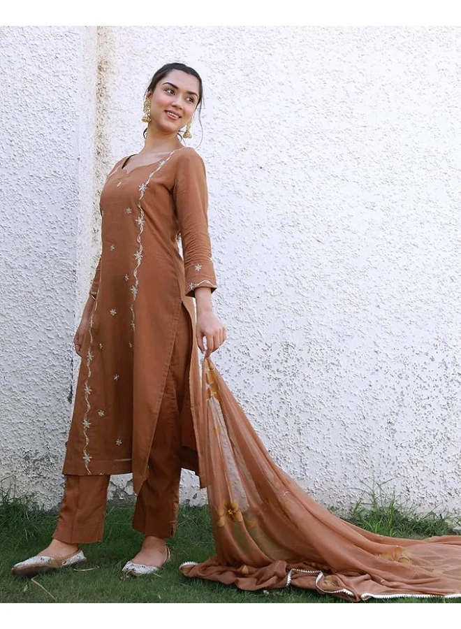 GoSriKi  GoSriKi Women's Rayon Viscose Embroidered Straight Kurta with Pant & Dupatta (KINTU COFFEE-GS_L_Brown_Large) for Women | Best Price UAE