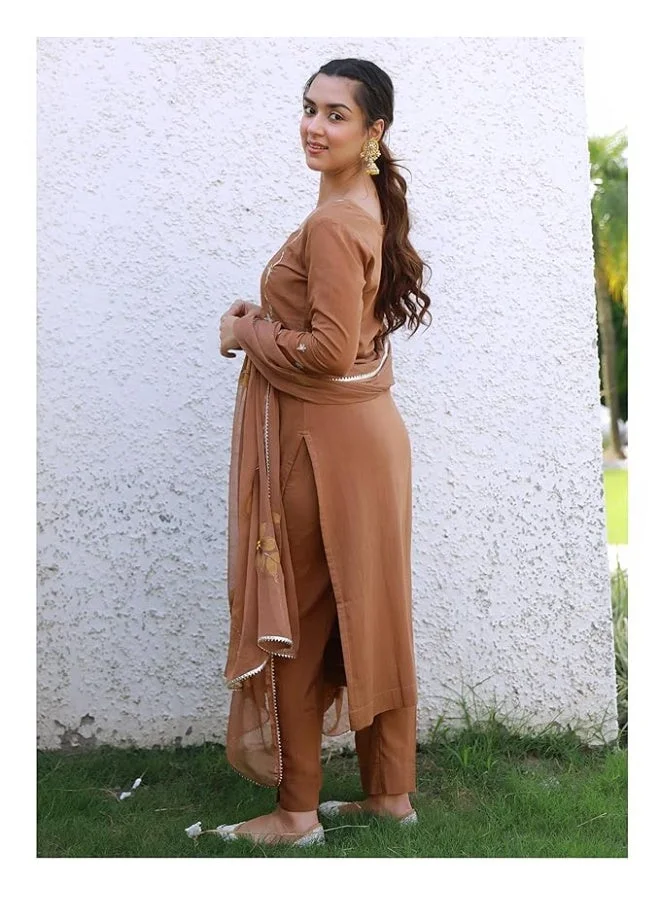 GoSriKi  GoSriKi Women's Rayon Viscose Embroidered Straight Kurta with Pant & Dupatta (KINTU COFFEE-GS_L_Brown_Large) for Women | Best Price UAE