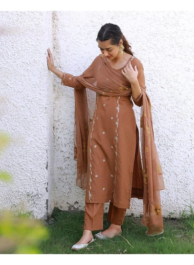 GoSriKi Women's Rayon Viscose Embroidered Straight Kurta with Pant & Dupatta (KINTU COFFEE-GS_L_Brown_Large)