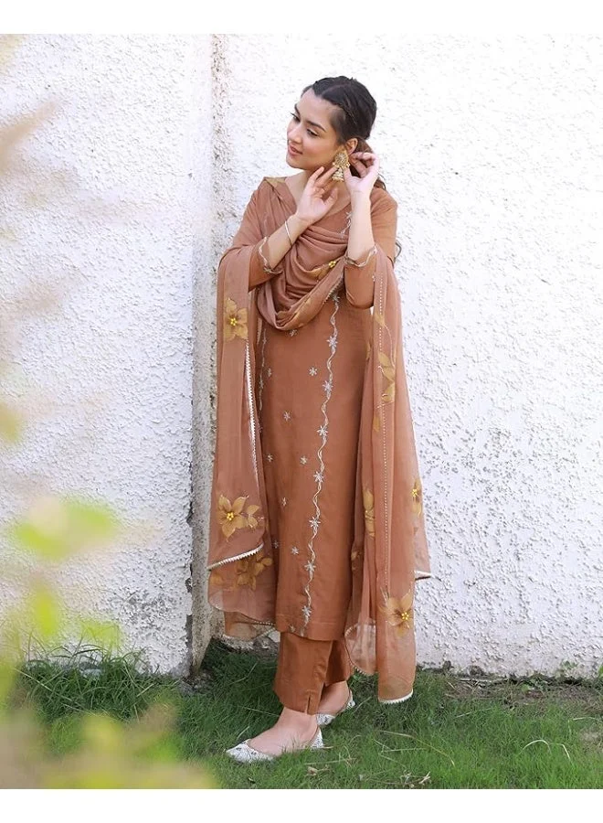 GoSriKi  GoSriKi Women's Rayon Viscose Embroidered Straight Kurta with Pant & Dupatta (KINTU COFFEE-GS_L_Brown_Large) for Women | Best Price UAE