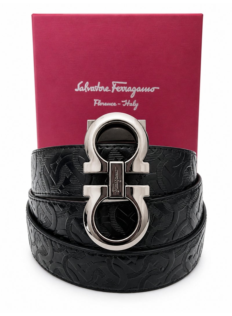 Salvatore Ferragamo Gancini Embossed Leather Belt – Black with Silver-Tone Hardware - Image 1