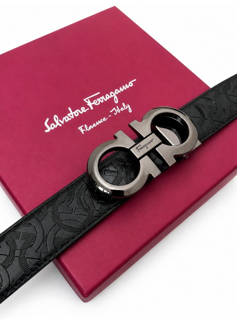Salvatore Ferragamo Gancini Embossed Leather Belt – Black with Silver-Tone Hardware - Image 3