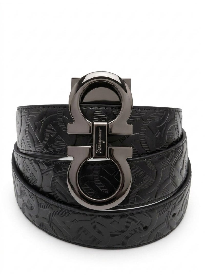 Salvatore Ferragamo Gancini Embossed Leather Belt – Black with Silver-Tone Hardware - Image 2