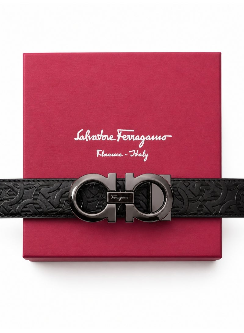 Salvatore Ferragamo Gancini Embossed Leather Belt – Black with Silver-Tone Hardware - Image 4