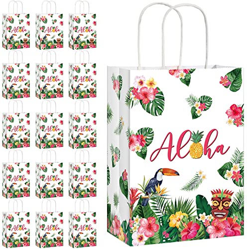 Pajean 16 Pack Hawaiian Gift Bag Luau Party Summer Tropical Palm Leaf Paper Bag with Handle for Candy Treat Summer Tropical Aloha Festival Hawaiian Luau Holiday Party Supplies Favor