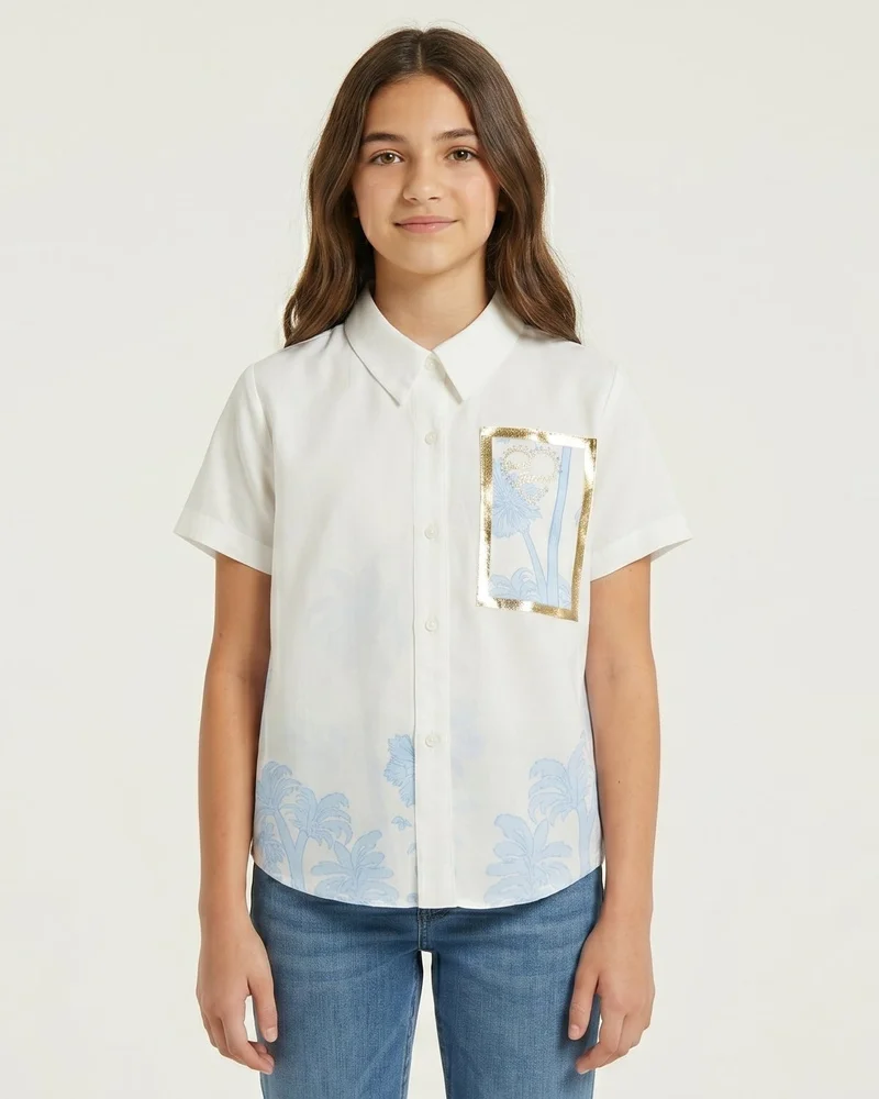 Redtag Senior Girls White and Blue And Tropical Print Shirt