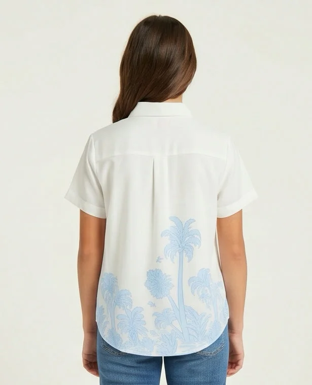 Redtag Senior Girls White and Blue And Tropical Print Shirt